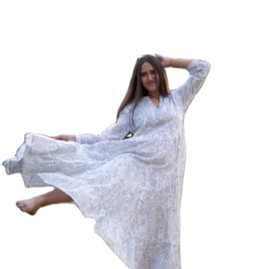 Vestido Maxi informal de algodón puro para mujer, manga corta, cuello en V, estampado Handblock, vestido de fiesta de noche para boda, patrones de tela tejida - Product Image 1