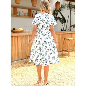Jane's Women's Short Sleeve <b>Wrap</b> Neck Floral Pattern Midi Jersey Dress - Casual Summer Spring Fashion for Adults - Product Image 5