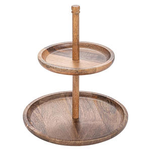 Plateau rond en bois écologique à 2 niveaux Support décoratif pour gâteau Décoration de luxe Plateau de table en bois de manguier naturel avec poignée en métal - Product Image 4