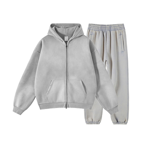 Heavyweight Streetwear Distressed <b>Zip</b> <b>up</b> <b>Hoodie</b> and Sweatpants 2 Pieces Set for Men Custom Acid Washed Vintage Tracksuits Sets - Product Image 5