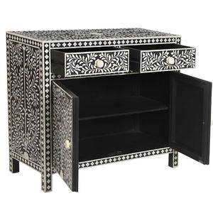 Commodes en os incrusté noir et blanc avec 3 tiroirs, motif floral, commodes en os incrusté avec boutons en os - Product Image 6
