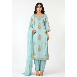 Eleva tu vestuario étnico con este impresionante conjunto de kurta y palazzo de gasa bordada en azul cielo con dupatta, ecológico, de Rama's - Product Image 1