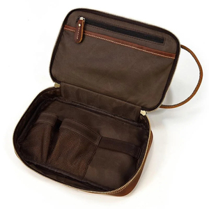 Classic <b>Leather</b> Cosmetic Case with Rivet Detail Zipper Closure <b>Small</b> Size Soft Handle Durable Travel Toiletry <b>Bag</b> - Product Image 6