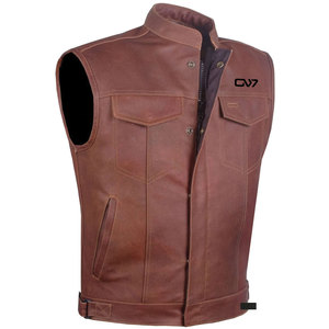 Gilet en cuir de couleur marron pour hommes veste de motard classique sans manches avec fermeture à glissière ou bouton logo personnalisé disponible - Product Image 1