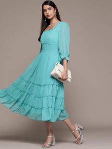 Robe midi évasée confortable en tissu de mousseline de soie turquoise de qualité supérieure avec manches longues et style floral pour mariage et événements - Product Image 3