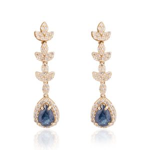 Meilleures ventes 100% boucles d'oreilles longues en diamant saphir bleu naturel en or jaune massif 14 carats pour cadeaux de fêtes bijoux fins - Product Image 1
