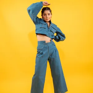 Denim Oversized Shortjacket With Statementbottom Set Best Quality High Finishing Product Women & Girls Two Piece Pant Suit Set