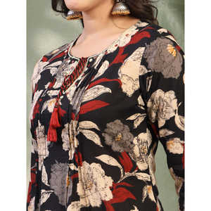 Kurta Recta de Algodón Puro para Mujer, Cuello Redondo, Largo hasta la Pantorrilla, Estampado Negro, Estilo Modesto - Product Image 5