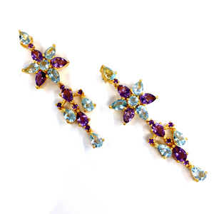 Pendientes colgantes de flores de Topacio Azul amatista tradicional chapados en oro de 925 Plata de ley para uso diario - Product Image 1