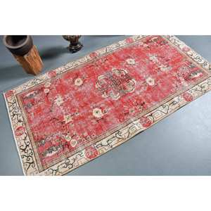 Tapis en laine beige rouge traditionnel 3.6x6.7 pieds Vintage turc grande surface Patchwork motif pour salon couloir décor pour adolescents - Product Image 2