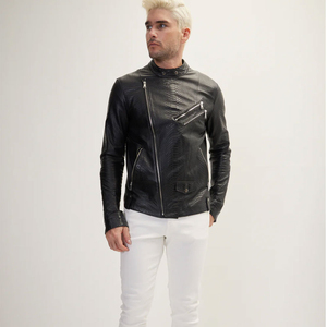 เสื้อแจ็กเก็ตหนังงูสีดำสำหรับผู้ชายมีสไตล์เสื้อกันลมสำหรับนักแข่งในคาเฟ่มีซิปคู่สำหรับแข่งรถจักรยานยนต์ - Product Image 5
