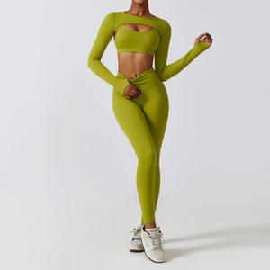 Wholesale Fitness Clothes for Gym Wear Women Sets 3 Pieces <b>Yoga</b> <b>Jackets</b> Workout Leggings Sports Bras Top Sportswear Set - Product Image 3