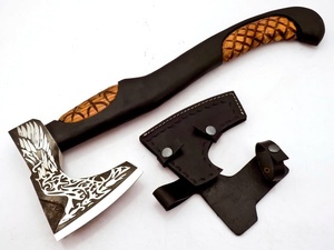 Hacha de fábrica de cubiertos OEM y ODM personalizada al por mayor, hacha de acero de Damasco hecha a mano, mango de madera con Funda de cuero para acampar al aire libre - Product Image 2