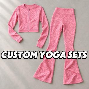 <b>Pink</b> Leopard Print <b>Yoga</b> Set 2-Piece Long Sleeve High-Waist Flared <b>Pants</b> Breathable Hole Detail Zipper & Back Cut-Out Design - Product Image 1