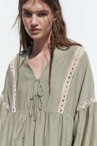 Cotton Bohemian <b>Dress</b> V-Neck Petal Sleeve Lace Sheer Layer A-Line Tea-Length Loose Fit Casual Summer Women's Plus Size - Product Image 2