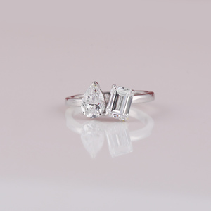 Anillo de diamante de corte radiante de pera de dos piedras de lujo diamante cultivado en laboratorio personalizado 14K oro blanco sólido joyería fina regalo para mujeres - Product Image 1