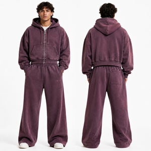 Wholesale Custom 100% Cotton Casual Solid Men's Hoodie Pant Tracksuits Breathable Winter <b>Zip</b>-<b>Up</b> <b>Crop</b> Hoodie with Rhinestone - Product Image 2