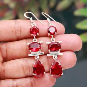 ต่างหูพลอยโกเมนโมซัมบิกทรงเหลี่ยมเงินแท้ 925 สีแดง งานแฮนด์เมด - Product Image 5