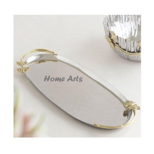 Plateau ovale en acier inoxydable pour thé et café, couleur argent de qualité supérieure, plateau de service pour dattes et bonbons, en gros - Product Image 1