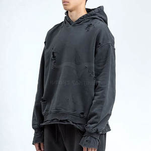 Best Selling Men's Distressed <b>Fleece</b> <b>Hoodie</b> in Custom Colors and Sizes Wholesale Breathable Solid Pattern Plain Dyed for Winter - Product Image 2