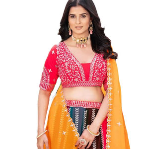 Multi Color Embroidery Pakistani Fashion Heavy Flair Work Eid& Ramzan Month Special Georgette Lahenga Choli With Same Dupatta - Product Image 1