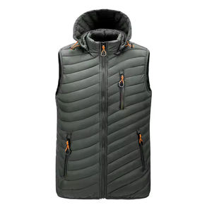 Gilet chaud d'hiver brodé avec logo personnalisé pour hommes, veste en nylon respirante décorée de boutons, capuche sans manches, remplissage de canard et tambour - Product Image 2
