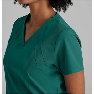 Conjuntos de uniformes médicos de enfermería elásticos de manga corta con cuello levantado OEM al por mayor, uniformes de Spandex para correr - Product Image 5