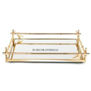 Feuilles Designer plaqué or de haute qualité de meilleure qualité encadré en métal forme de rectangle miroir d'hôtel et de restaurant plateau de service alimentaire - Product Image 1