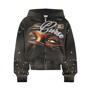 Custom Fashion Zip-Up Hoodie, Heavyweight French Terry Acid Wash Distressed Rhinestone Boxy Oversized Cropped Design - Product Image 5