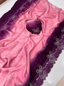 Diseñador Fendy Satin Dual Shaded Saree con Jarkan Diamond Butterfly Work y blusa para correr a juego Venta al por mayor Sari para mujer - Product Image 6