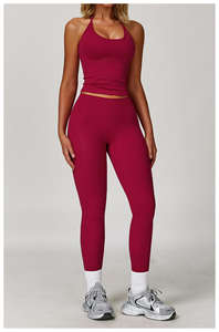 Conjunto de yoga sólido con logotipo personalizado para mujer, Top corto de yoga con cuello Halter y mallas de Yoga de cintura alta, conjunto deportivo de 2 uds. - Product Image 6