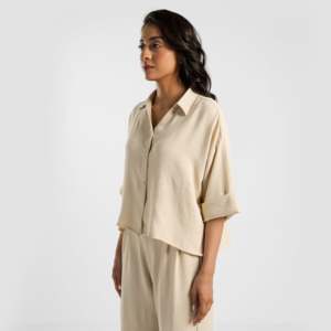 Buttoned up 100% <b>Linen</b> Shirt (Biscotti) Simple Fashion Workout <b>Top</b> - Product Image 3