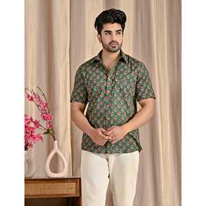 Chemise décontractée en coton 100% à imprimé floral vert avec col boutonné, tissu popeline respirant, taille XL - Fournisseur ODM - Product Image 1