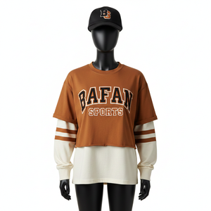 Chemise double couche pour femmes en coton et polyester de qualité supérieure, tissu marron crème, panneau de manche contrasté, chemises double couche en coton personnalisées - Product Image 6