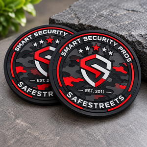 Patch de sécurité intelligent Safestreets en tissu non tissé gaufré 3D en caoutchouc, à coller, motif camouflage noir et rouge, en forme de cercle - Product Image 1