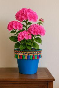 Maceta Decorativa de Plástico para Jardín NF Lauren Pot, Estilo Boho, Decorada a Mano, Maceta de Escritorio con Borlas Azules y Flores - Product Image 2