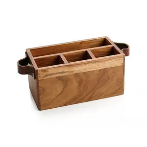 Custom Houten Bestek Lepelhouder 3 Compartiment Grote Organizer Met Lederen Handgrepen Rustiek Bruin