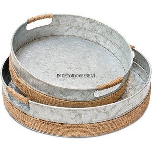 Métal galvanisé et rotin de la meilleure qualité de forme ronde Ensemble de 2 plateaux de service pour les mariages et les fêtes Centre de table Fournitures - Product Image 1