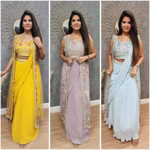 Meilleure vente Readymade indien Designer Georgette avec broderie Lehenga drapé Saree Choli avec haussement d'épaules tenue de mariage - Product Image 1