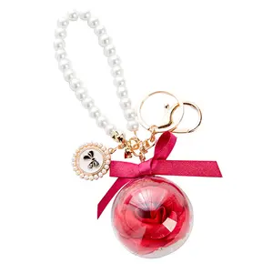 Factory Wholesale Beautiful Pearl Preserved Rose Flower Keychain For Women Bag Car Key Chain Gift