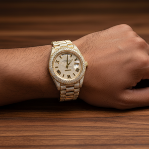 นาฬิกาข้อมือผู้ชาย BGJ รุ่น Full Stone Iced Style สีทอง หน้าปัดโรมัน แสดงวันที่ ระบบควอตซ์ญี่ปุ่น รับผลิตโลโก้ตามสั่งสำหรับผู้ชาย - Product Image 5