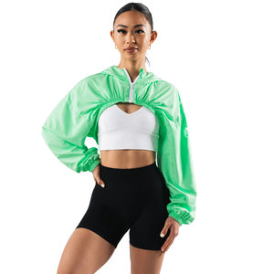 Veste Courte Femme en Nylon Vert Légère Coupe-Vent à Manches Longues avec Ourlet Élastique et Fermeture Éclair – Haut Décontracté pour Activités Sportives - Product Image 1