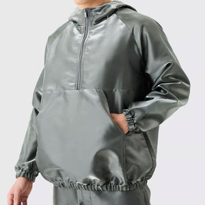 Coupe-vent demi-zip métallique liquide surdimensionné personnalisable en argent-conception unie, tissu de polyester longueur régulière à capuche - Product Image 1