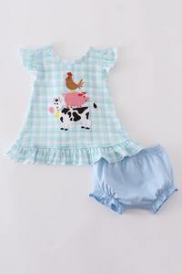 Blue Farm Cute Cotton Toddler Outfit for Girls Summer Bloomer Set with Ruffles Plaid Applique <b>Baby</b> Girl <b>Clothing</b> - Product Image 3
