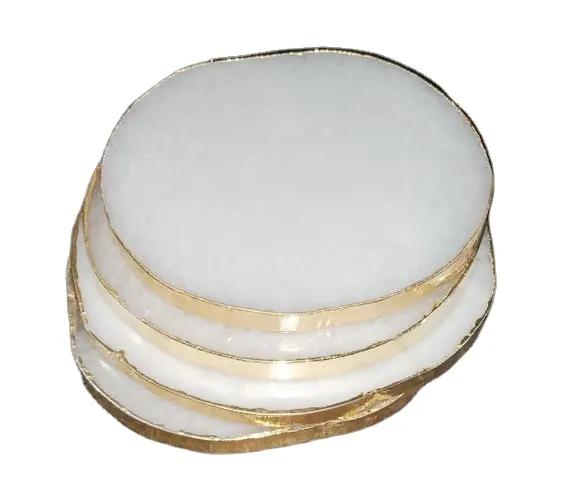 beautiful white quartz gemstone agate coaster round coaster plated buy online new star agate with golden edge feng shui