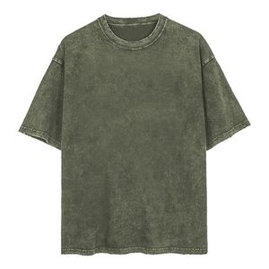 T-shirt en coton lavé olive pour homme, manches courtes, col rond, coupe ample, couleur unie, jersey décontracté - Product Image 5
