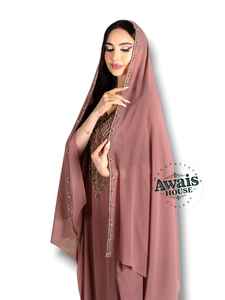 Robe de soirée longue A-line modeste AWAIS HOUSE à manches longues pour femmes, ornée de perles, 100% polyester, en mousseline, col en V, simple - Product Image 5