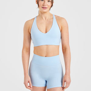 Diseño personalizado Logo Pastel Azul Grapa Pantalones Cortos y Grapa Sujetador Deportivo Correas Ajustables Conjuntos DE LAS Mujeres Dos Piezas Conjunto a Juego para las Mujeres - Product Image 1