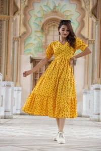 Robe pour femme en coton biologique 100 % de couleur jaune, imprimée à la main, robe en coton, robe d'été, robe bohème florale, tenue maxi de plage - Product Image 3