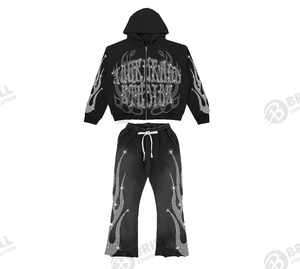 Oem logotipo personalizado de alta calidad al por mayor de gran tamaño Sudadera con capucha pantalón acampanado chándal personalizado con diamantes de imitación hombres chándal conjunto - Product Image 2